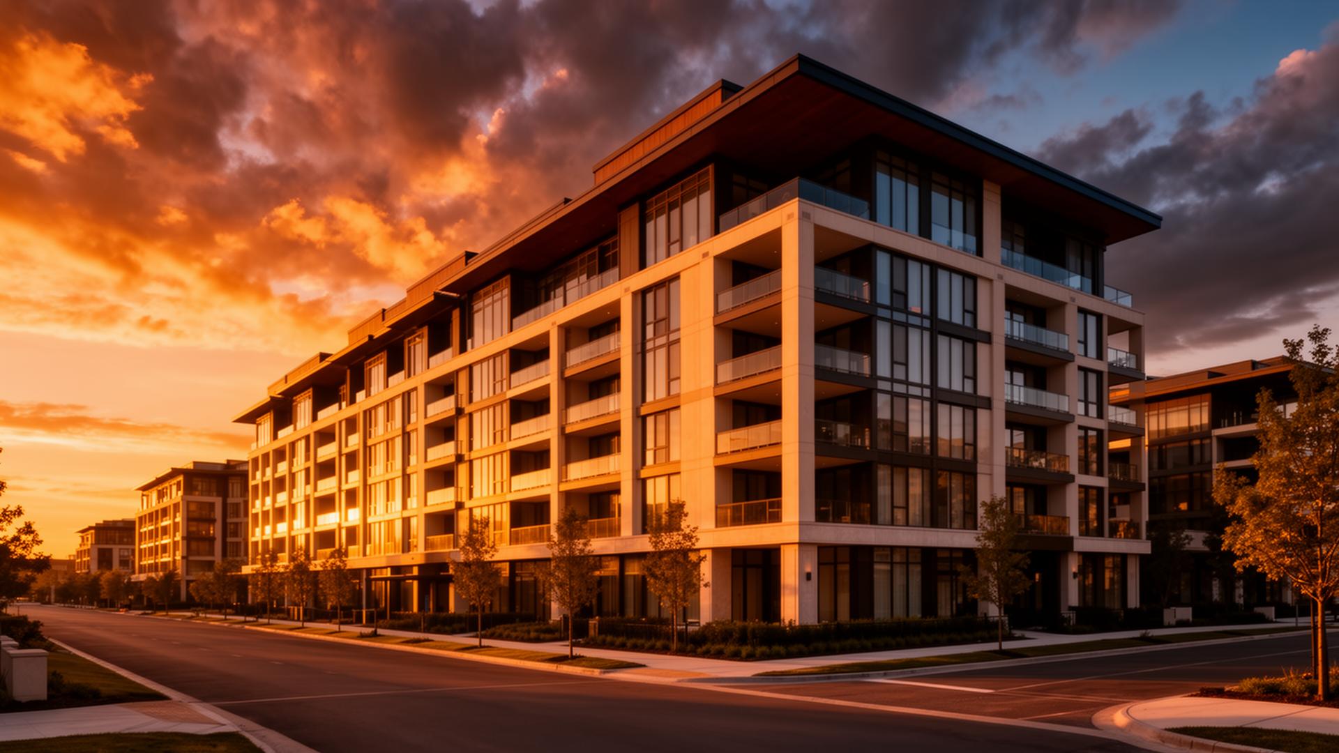 Modern multifamily investment property at sunset